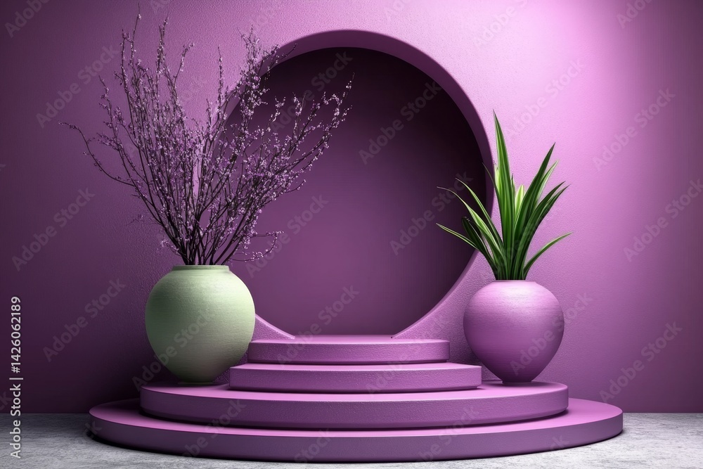Poster Abstract background with a podium for product presentation, 3D rendering. The background is in pastel colors with geometric shapes and round elements