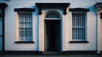 Fototapeta premium Open the front door and window of a classic old brick terraced house with decorative paint details