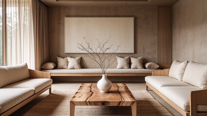 a modern, minimalist living room with a warm, neutral color palette. The layout features a light beige sofa with wooden armrests, positioned on a textured area rug.