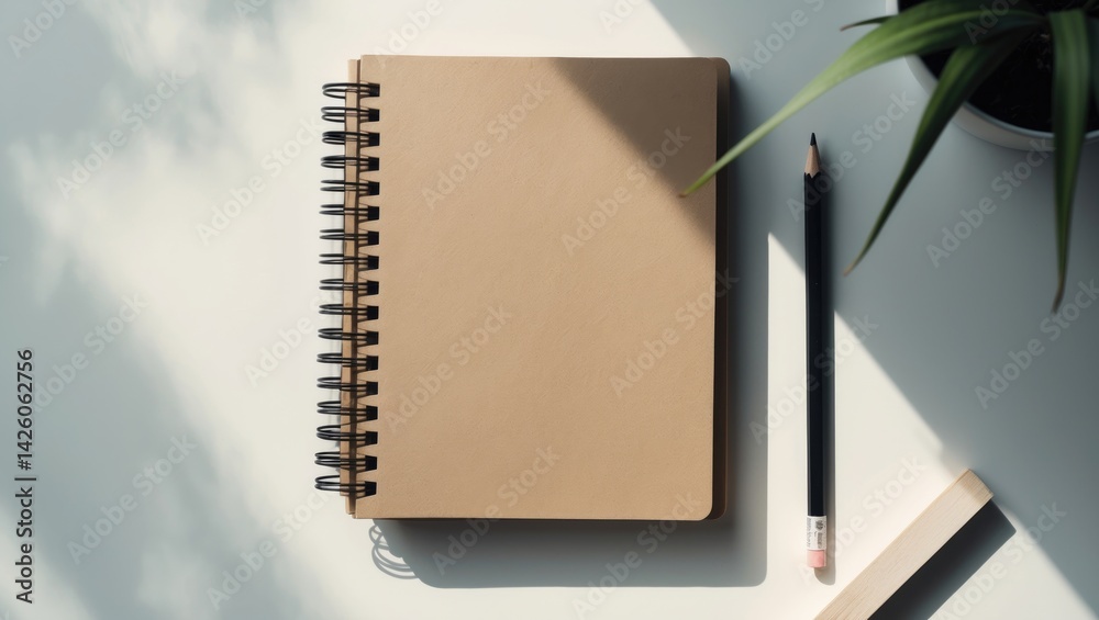 Poster aerial view of a blank craft paper cover notebook with spiral binding and pencil on a desk
