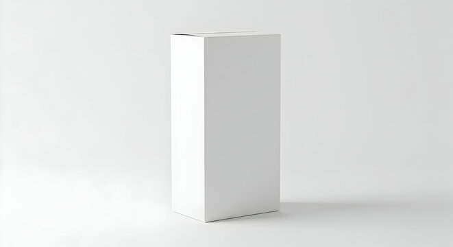 Blank white tall rectangular cardboard box packaging mockup on soft light gray background commercial advertisement space for brand design 1