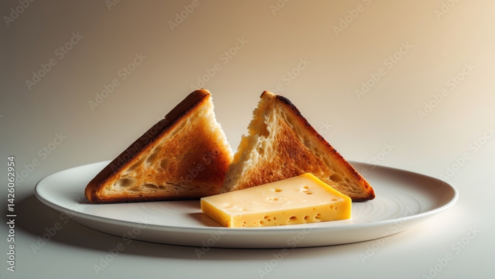 Aufkleber two triangular slices of toasted bread with cheddar cheese on a white plate against a food-themed ba