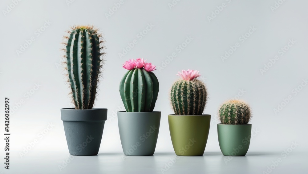 Poster collection of small potted cacti with various shapes on white background