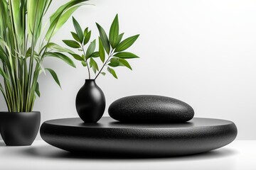 Fototapeta premium Black round podium with black rocks on a white background, a mockup for a product presentation with an empty space scene. Minimalistic design template