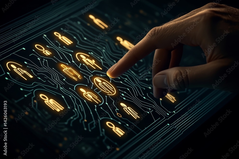 Poster businessman touching a virtual icon of people in a social network on a digital screen, a futuristic 