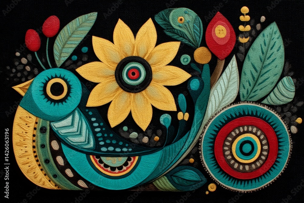 Poster colorful bird and flower design featuring vibrant patterns on a dark background