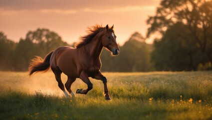 Obraz premium A red horse running swiftly across a field