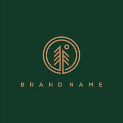 line art pine with circle minimalist logo vector