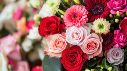 beautiful arrangement of vibrant flowers featuring red, pink, and white roses, along with colorful gerbera daisies and chrysanthemums, creating cheerful and romantic atmosphere