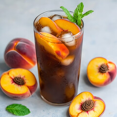 Refreshing iced peach tea with mint, ice cubes, and sliced peaches on a light blue background; perfect for summer beverage advertisements