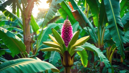Obraz premium Vibrant cluster of unripe bananas hanging from a banana plant in a lush green garden setting
