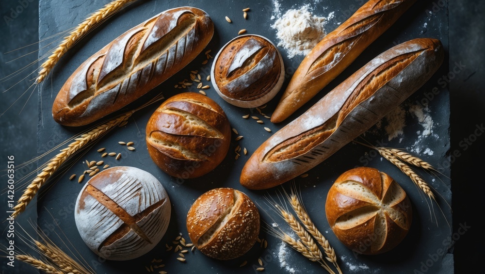 Poster Assorted bread made with wheat and flour on a stone table from a top view flat lay with space
