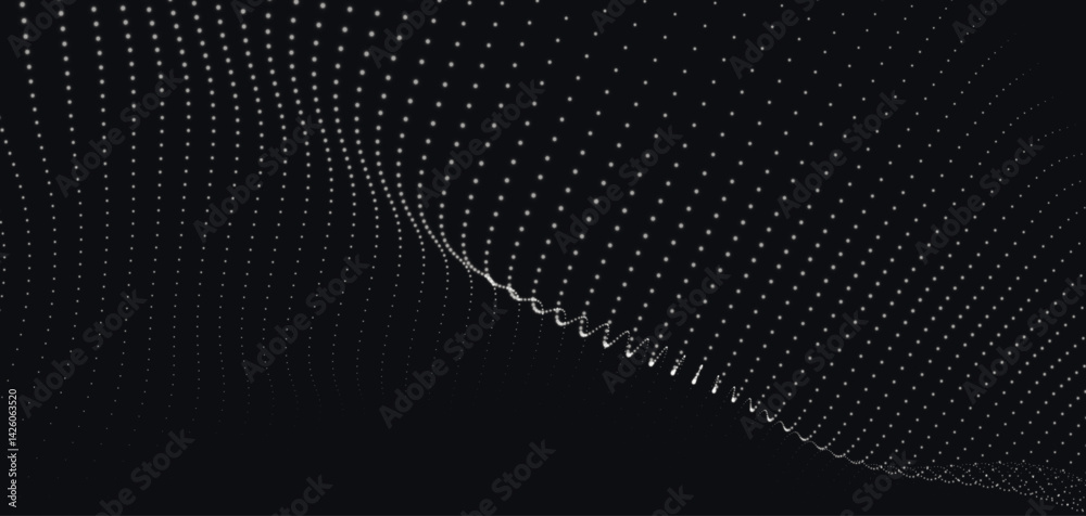 Sticker abstract background with dynamic black and white wave. futuristic dotted wave of bright particles on