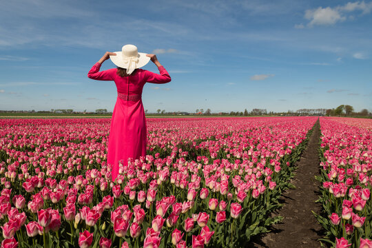 abstract portrait woman in long pink classic dress with white summer hat  standing in tulip flower field seen from behind for bookcover