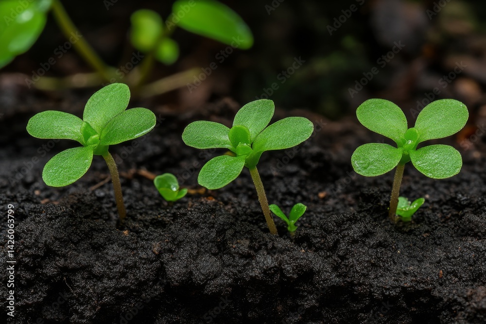 Poster close-up of small green plants growing on wet black soil, with some patches covered in moss. the gro