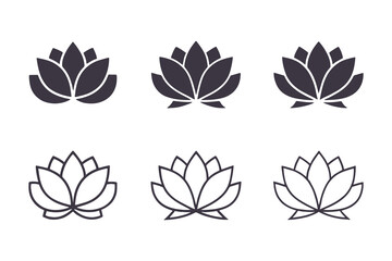 Lotus Flower Silhouette and Outline Collection. Minimalistic Black and White Floral Icons with Elegant Petal Designs, Perfect for Logos, Clipart, and Decor Vector Clipart Template.