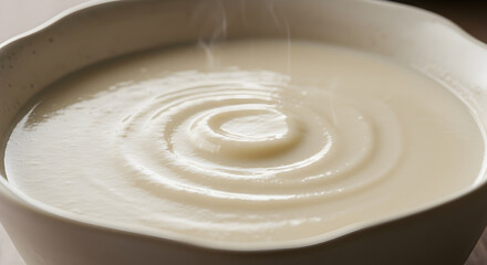 Bowl of Creamy Soup With Delicate Steam And Circular Pattern Top View