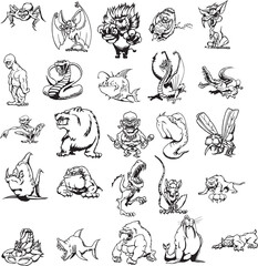 a set of cartoon monsters and animals, set of black and white animals