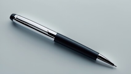A black and silver ballpoint pen placed on a plain background
