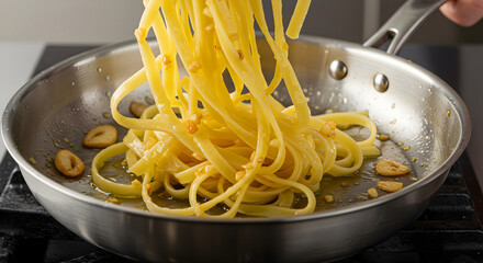 Delicious Linguine Aglio e Olio Being Cooked in a Steel Pan