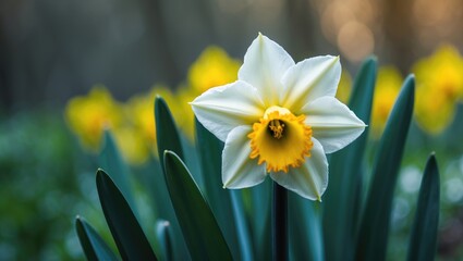 Obraz premium Close-up of a bright yellow daffodil in full bloom with a blurred background