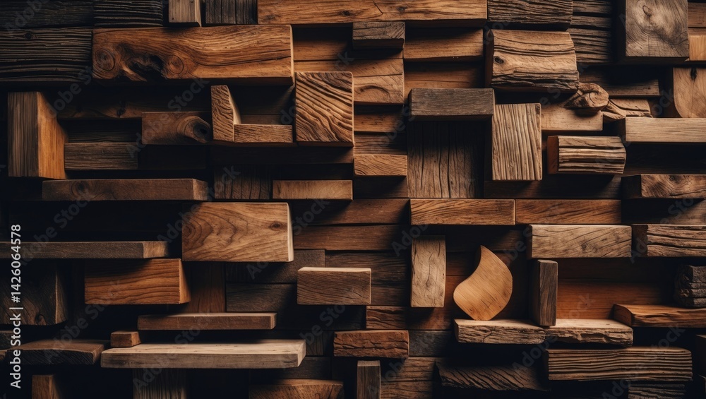 Aufkleber Different types of rustic wooden blocks arranged creatively for decorative design