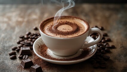 A cup of white coffee with chocolate and beans, indoor hot beverage scene