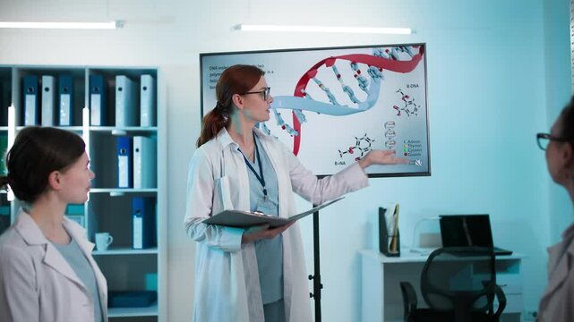 female medical workers in surgical gowns analyze DNA structure during medical conference in hospital office
