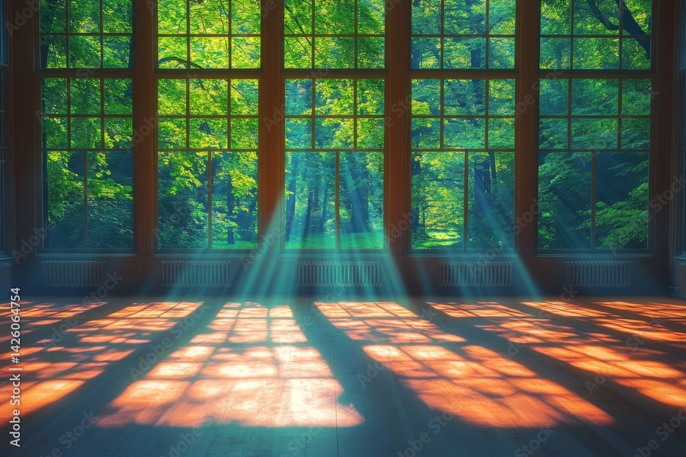 Fototapete sunlight streams through large windows, illuminating a tranquil forest setting in a serene indoor sp