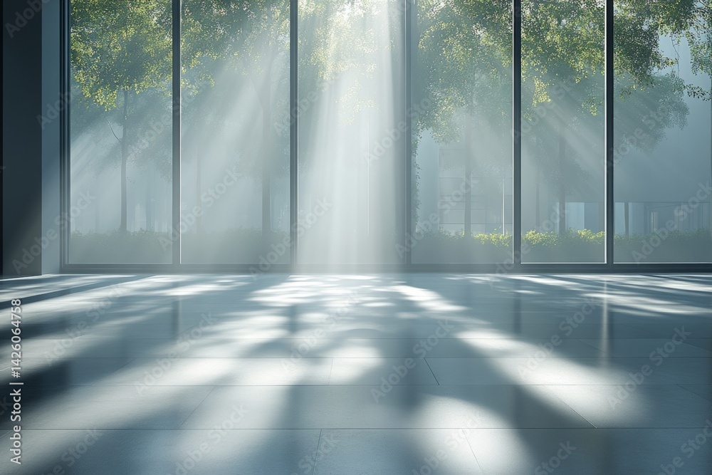 Aufkleber sunlight illuminating an indoor space with reflections and greenery in the background during the mor
