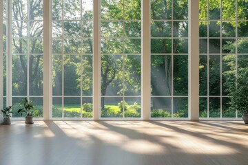 Bright and spacious room with large windows showcasing a lush green landscape, perfect for relaxation or gatherings