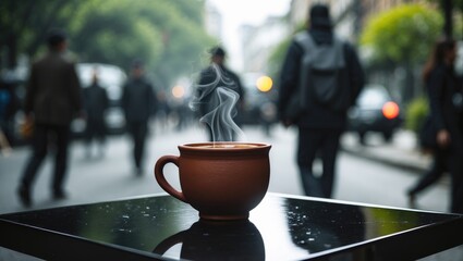 A single clay cup of chai tea rests on a black table, steaming, with a reddish-brown hue, while blurry street silhouettes of people pass by outside.