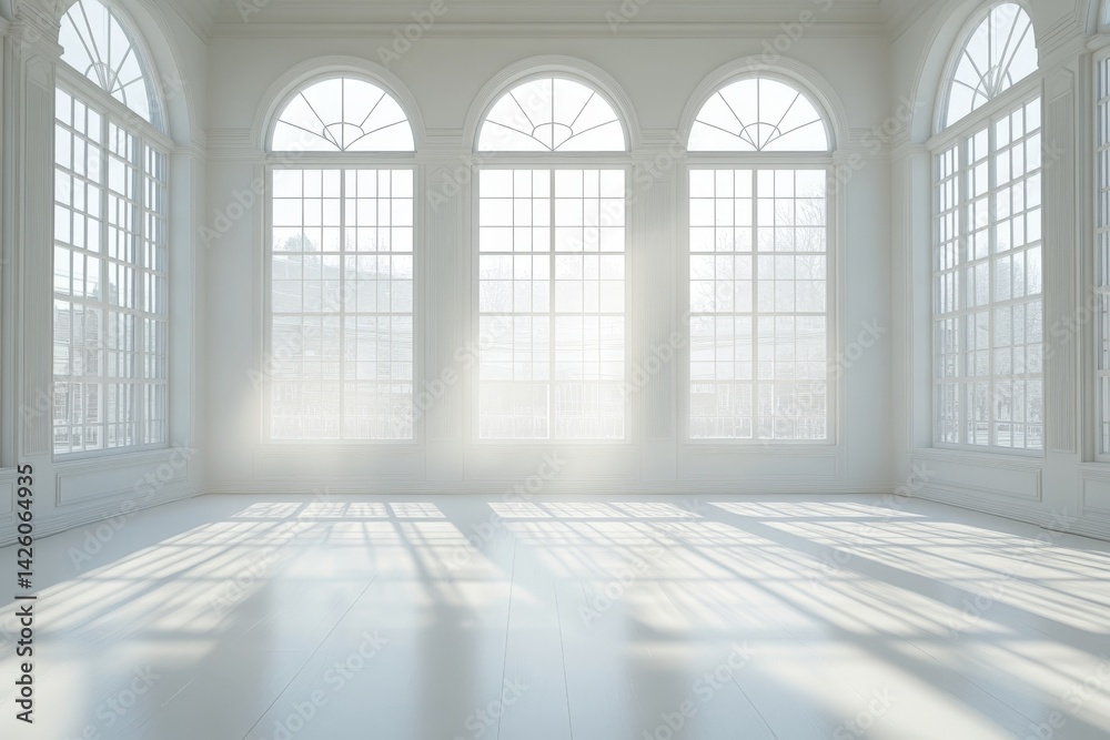 Poster natural light fills a bright, spacious room with large windows and soft shadows during the daytime