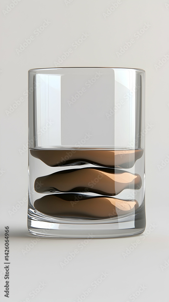 Wall mural three bronze-like objects submerged in a clear glass on a white background, suitable for design or p