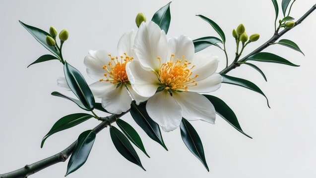 White blossom of orange tree on a branch against background