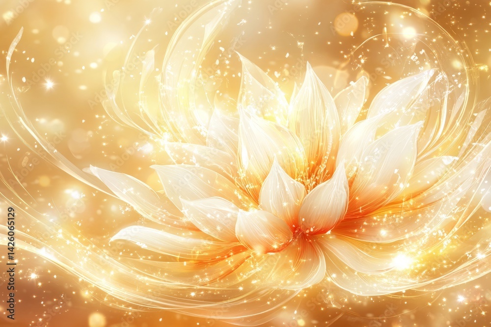Aufkleber golden lotus flower blooming with radiant light and sparkling effects in a tranquil setting