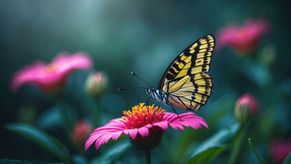 Fototapeta premium Colorful butterfly soaring over a vibrant pink bloom in a summer garden