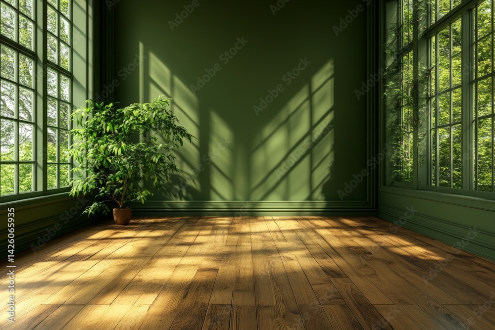 Poster bright and serene indoor space with greenery and natural light in a tranquil setting