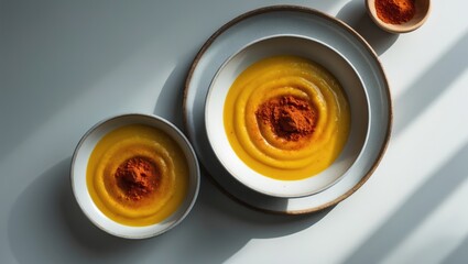 Two bowls of creamy pumpkin soup seasoned with paprika on a white table, highlighting healthy and tasty vegetarian cuisine.