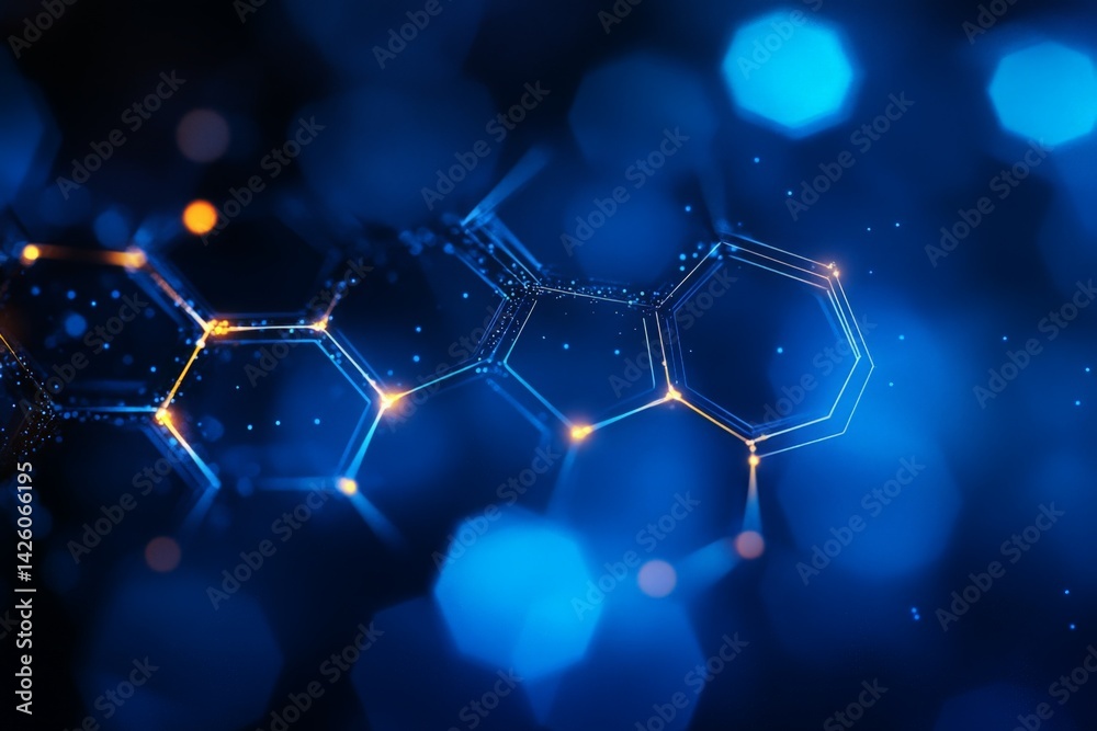 Aufkleber Scientific abstract design featuring blue hexagonal structures with glowing elements in a dark background setting