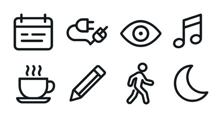 Fototapeta premium Essential everyday icons set: calendar, power, eye, music, coffee, pencil, walk, moon