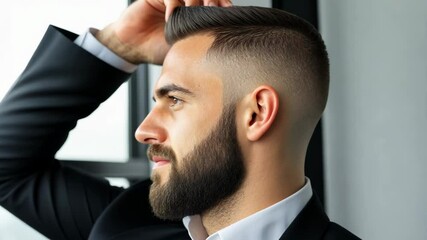 Confident businessman in office window contemplation and gesture series - Powered by Adobe