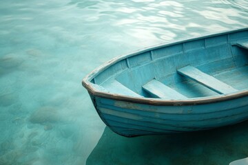 Obraz premium Blue wooden boat gently floating on calm turquoise water near a serene shoreline during midday
