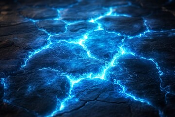 Electric blue cracks illuminate the dark ground in an otherworldly setting at night