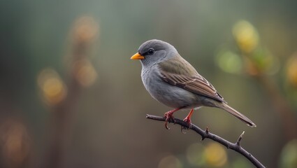 A tiny sparrow resting on a branch amidst wooded surroundings