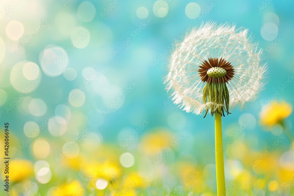 Poster close-up view of a dandelion seed head surrounded by colorful wildflowers in a sunlit meadow during 