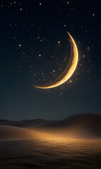 Serene crescent moon amidst starlit expanse over the tranquil desert landscape at night