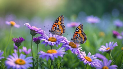 Obraz premium Beautiful summer floral background with daisies, violets, and butterflies on a sunny day near Baikal Lake's coast