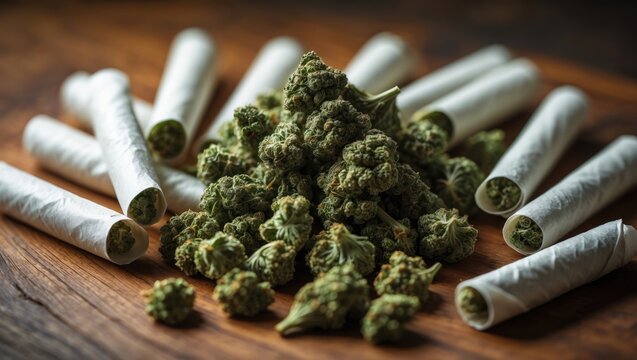 Marijuana joints and weed flower buds arranged on a wooden surface