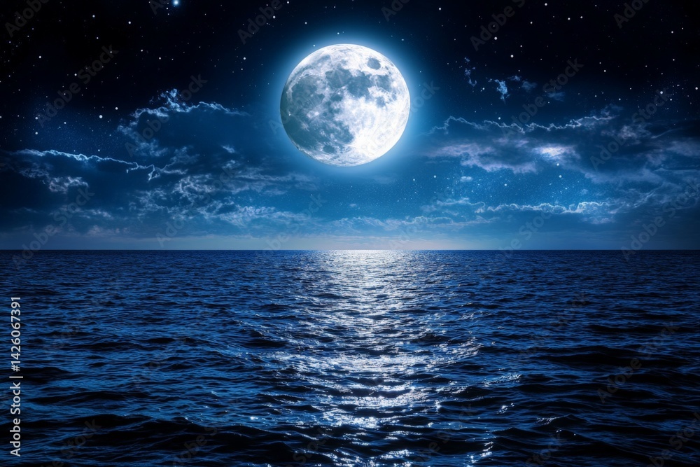 Poster Moonlit ocean scene with reflections under a starry sky in a tranquil nighttime setting